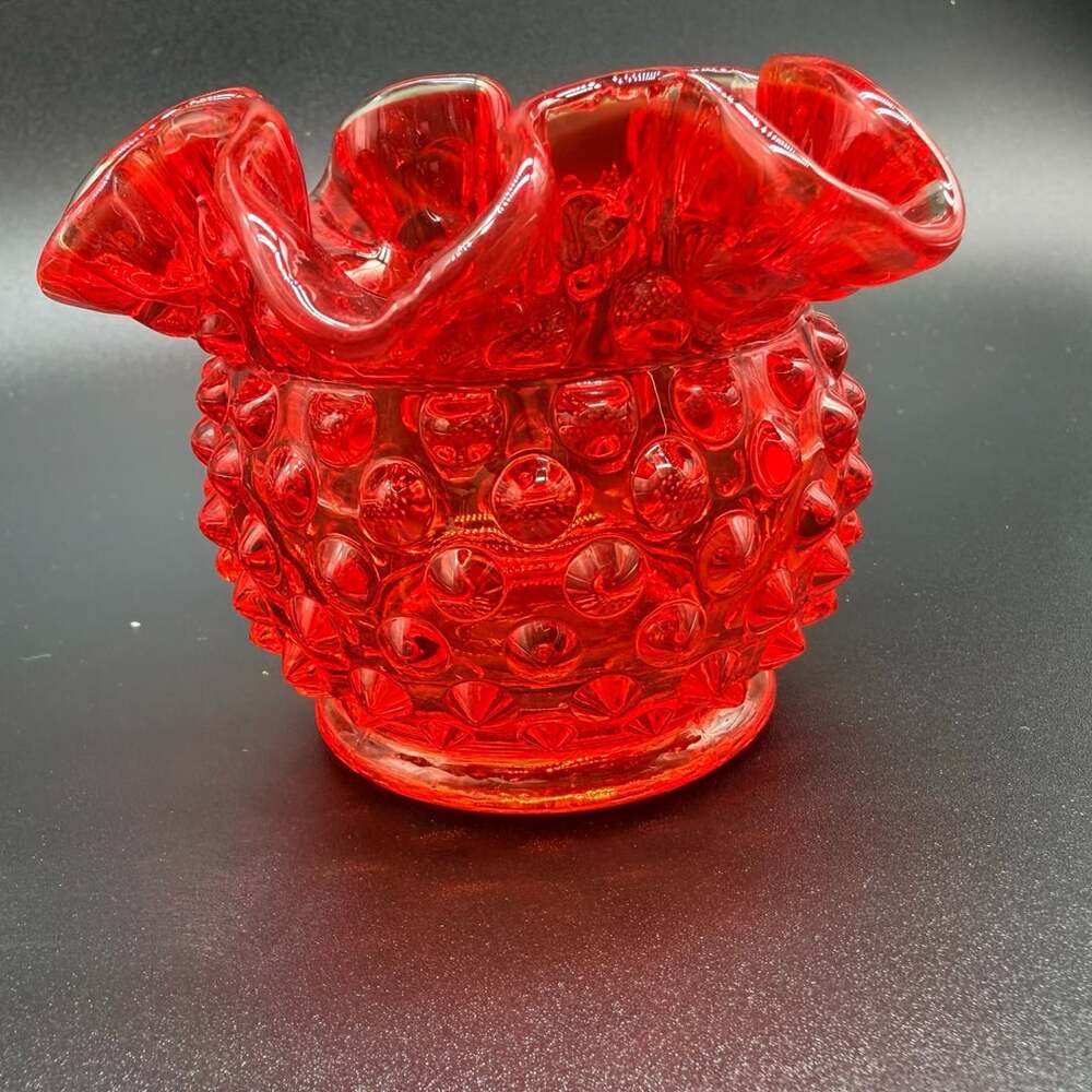 Vintage Fenton Hobnail Vase Red Glass Ruffled Rim Art Glass